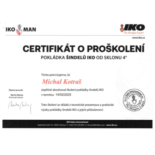 Certifikát Michala Kotraše o proškolení pokládky šindelu.