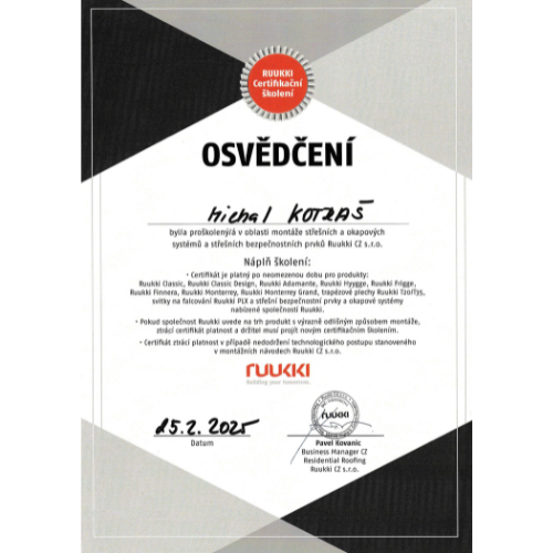 Osvědčení o odborné způsobilosti Michala Kotraše.
